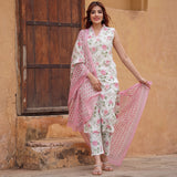White & Pink Floral Printed Suit Set with Elegant Dupatta
