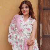 White & Pink Floral Printed Suit Set with Elegant Dupatta