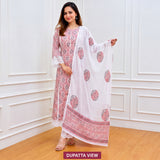 Pink & White Printed Kurta Set with Lace Detailing & Dupatta