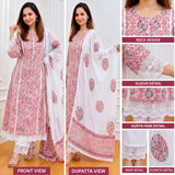 Pink & White Printed Kurta Set with Lace Detailing & Dupatta