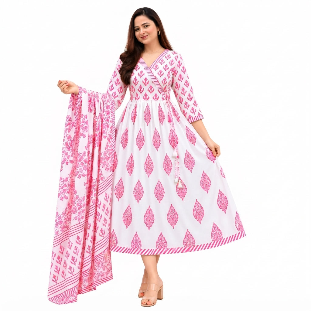 Pink & White Printed Anarkali Suit Set with Matching Dupatta