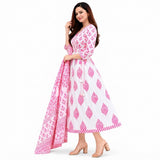 Pink & White Printed Anarkali Suit Set with Matching Dupatta