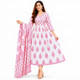 Pink & White Printed Anarkali Suit Set with Matching Dupatta