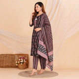 Black Floral Motif Printed Suit Set with Pink Border Dupatta