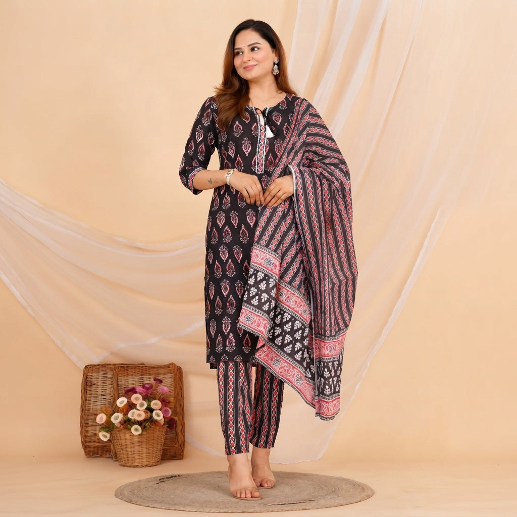 Black Floral Motif Printed Suit Set with Pink Border Dupatta