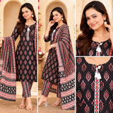 Black Floral Motif Printed Suit Set with Pink Border Dupatta