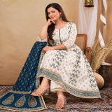 Ivory Floral Printed Anarkali Suit Set with Navy Blue Dupatta