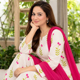 Ivory Floral Printed Co-Ord Set with Fuchsia Dupatta