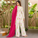 Ivory Floral Printed Co-Ord Set with Fuchsia Dupatta