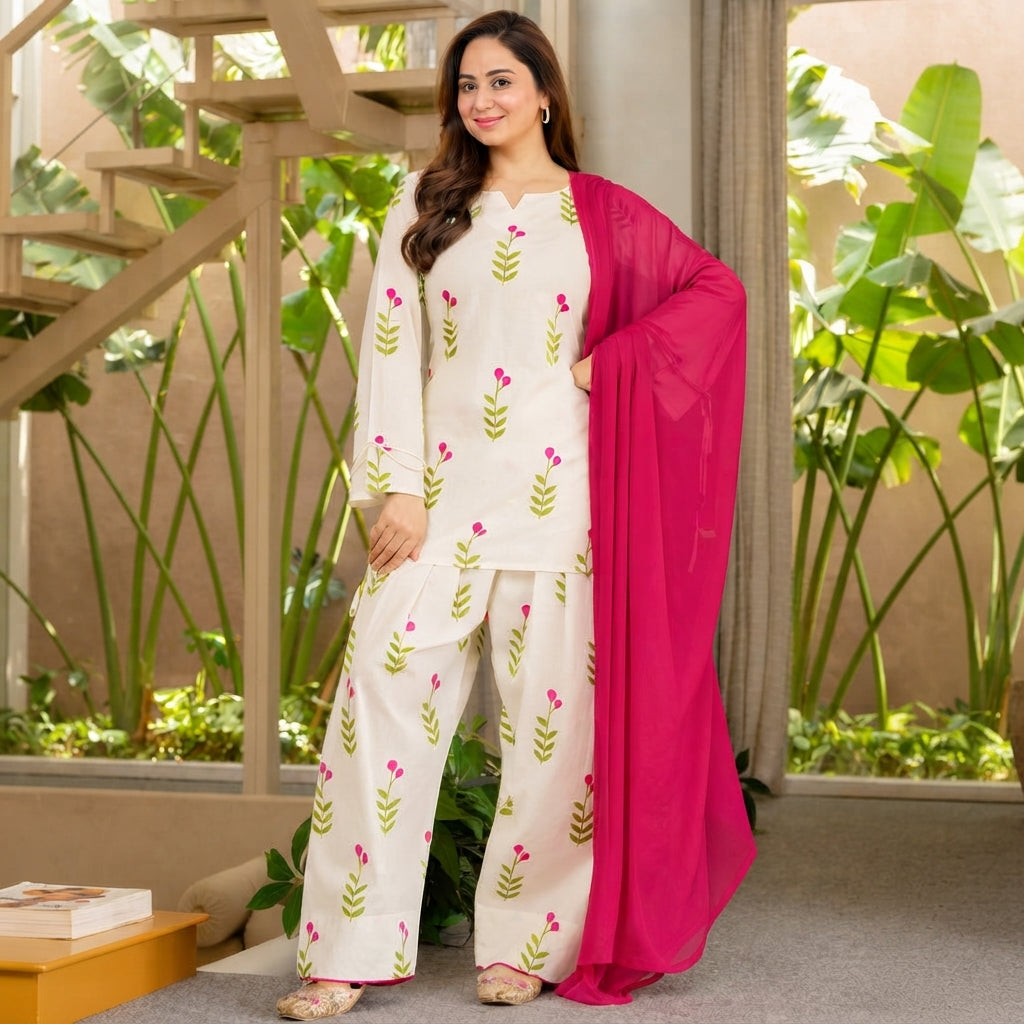 Ivory Floral Printed Co-Ord Set with Fuchsia Dupatta