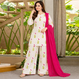 Ivory Floral Printed Co-Ord Set with Fuchsia Dupatta