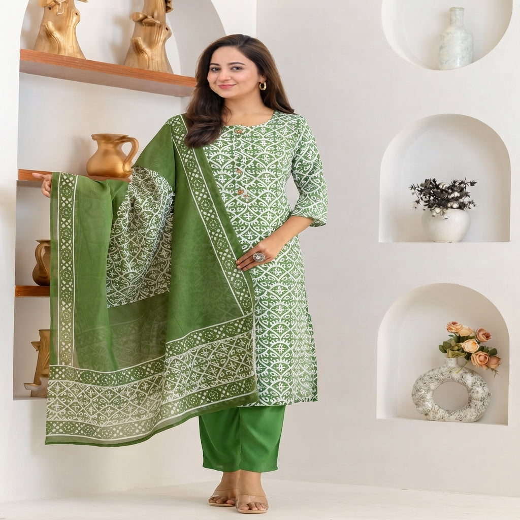 Mehendi Green Printed Kurta Set with Matching Dupatta