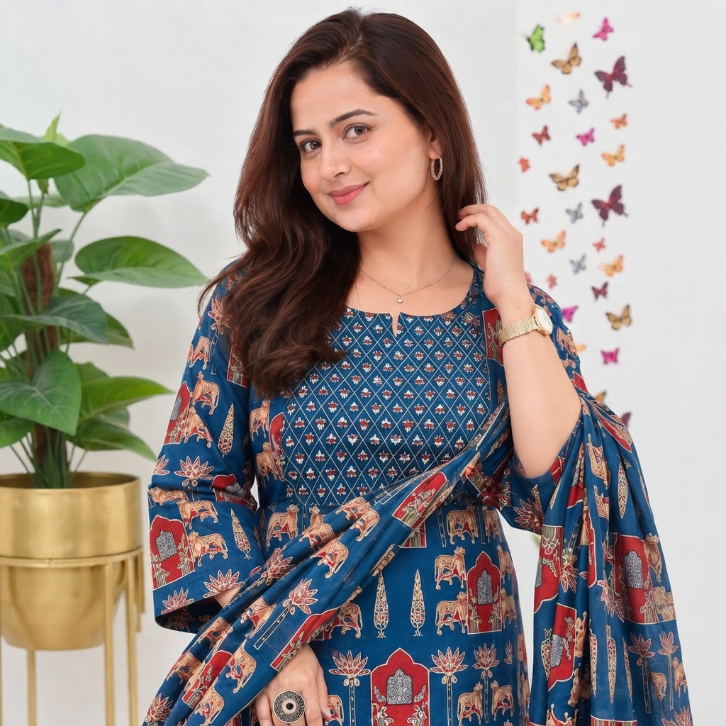 Royal Blue Traditional Printed Kurta Set with Matching Dupatta