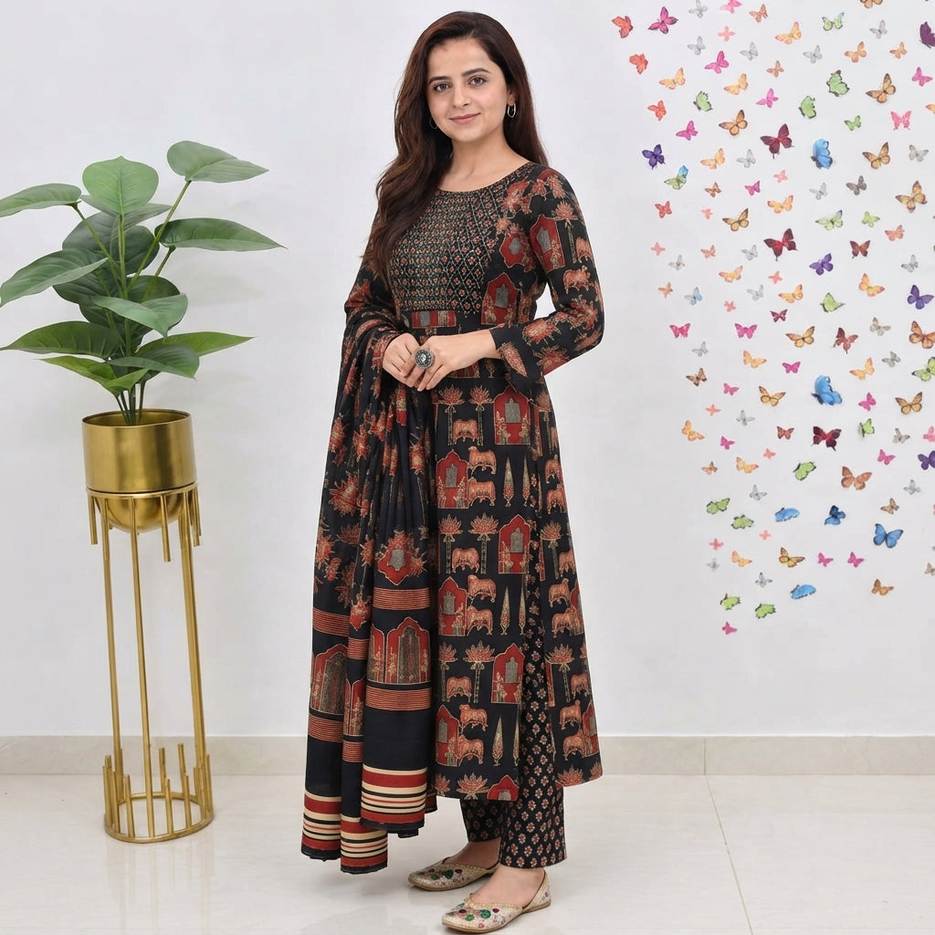 Black & Rust Printed Anarkali Suit Set with Matching Dupatta