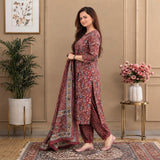 Maroon Floral Printed Kurta Set with Patiala Pants & Dupatta