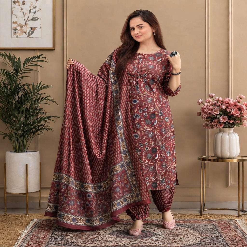 Maroon Floral Printed Kurta Set with Patiala Pants & Dupatta