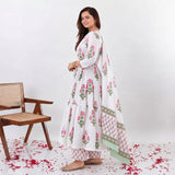 White Floral Printed Anarkali Kurta Set with Matching Pants & Dupatta