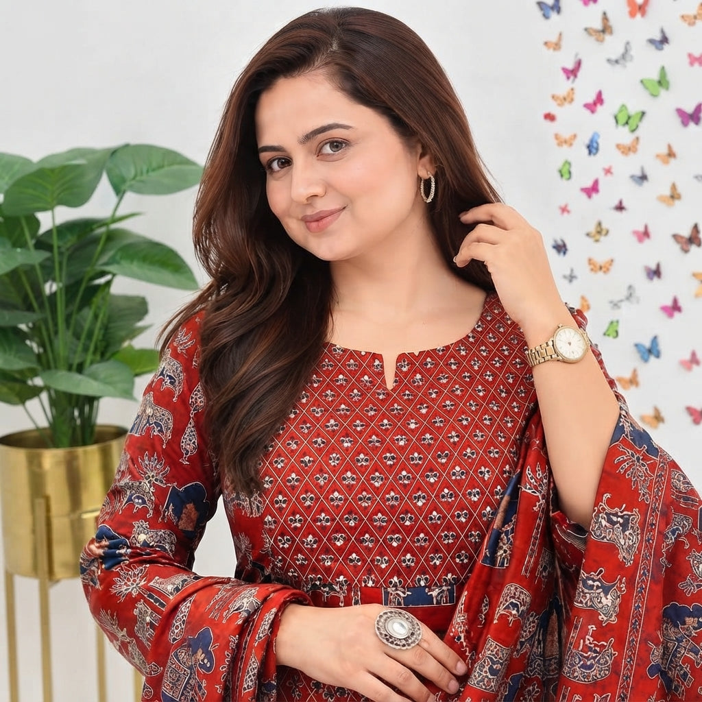 Rust Red Traditional Printed Kurta Set with Dupatta & Matching Pants