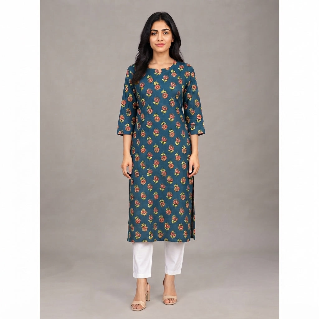 Women’s Teal Blue Floral Printed Straight Kurti
