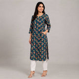Women’s Teal Blue Floral Printed Straight Kurti