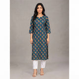Women’s Teal Blue Floral Printed Straight Kurti