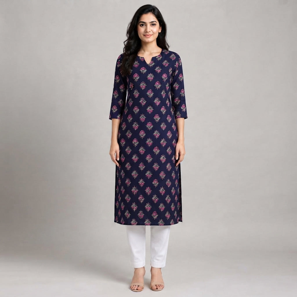 Women’s Navy Blue Floral Printed Straight Kurti