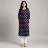Women’s Navy Blue Floral Printed Straight Kurti