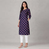 Women’s Navy Blue Floral Printed Straight Kurti