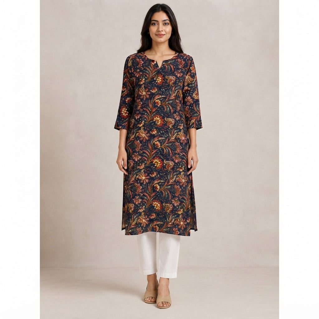 Women’s Navy Blue Floral Printed Straight Kurti
