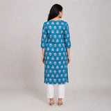 Women’s Teal Blue Floral Printed Straight Kurti