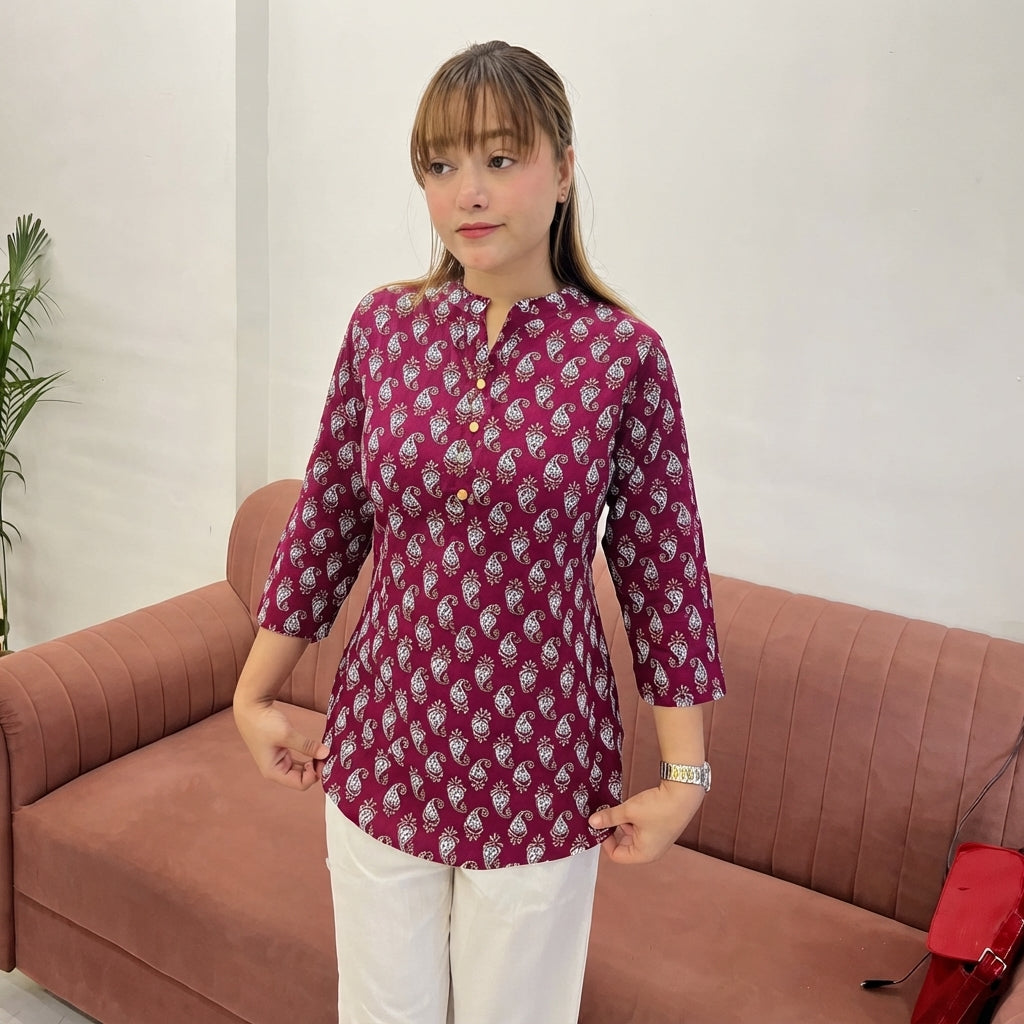 Maroon Paisley Printed Taj Cotton Short Kurti