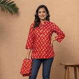 Red Floral Printed Taj Cotton Short Kurti