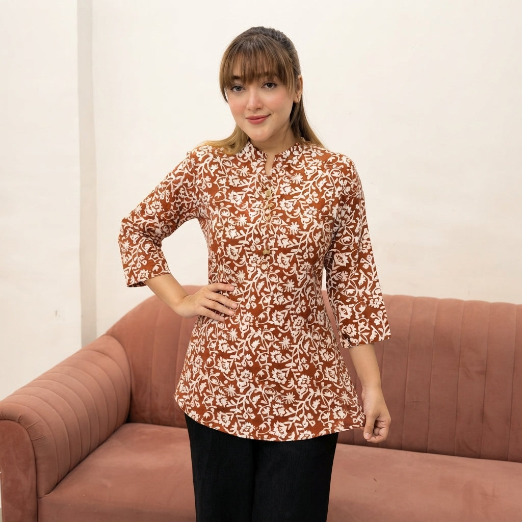 Rust Brown Floral Printed Taj Cotton Short Kurti