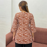 Rust Brown Floral Printed Taj Cotton Short Kurti