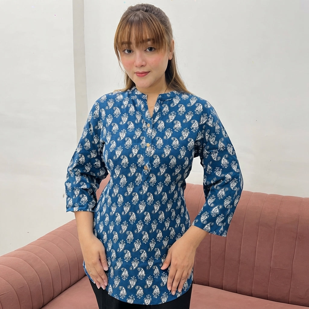 Blue Paisley Printed Taj Cotton Short Kurti