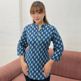 Blue Paisley Printed Taj Cotton Short Kurti