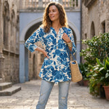 Blue Floral Printed Taj Cotton Short Kurti