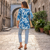 Blue Floral Printed Taj Cotton Short Kurti