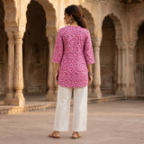 Pink Floral Printed Taj Cotton Short Kurti