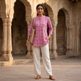 Pink Floral Printed Taj Cotton Short Kurti