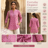 Pink Floral Printed Taj Cotton Short Kurti