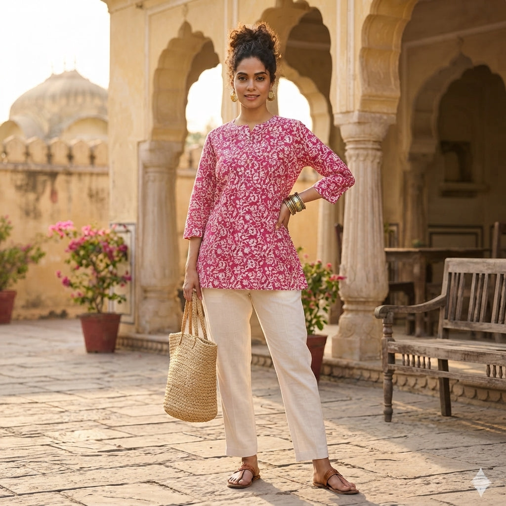 Pink Floral Printed Taj Cotton Short Kurti