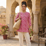 Pink Floral Printed Taj Cotton Short Kurti
