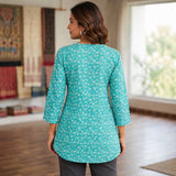 Turquoise Floral Printed Taj Cotton Short Kurti