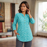 Turquoise Floral Printed Taj Cotton Short Kurti