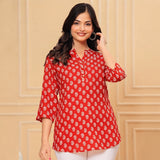 Red Floral Printed Taj Cotton Short Kurti