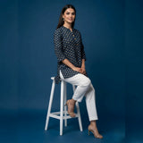 Navy Blue Floral Printed Taj Cotton Short Kurti