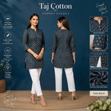 Navy Blue Floral Printed Taj Cotton Short Kurti