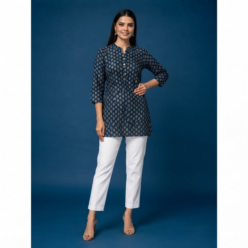 Navy Blue Floral Printed Taj Cotton Short Kurti