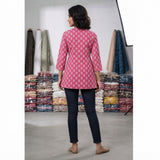Pink Floral Printed Taj Cotton Short Kurti